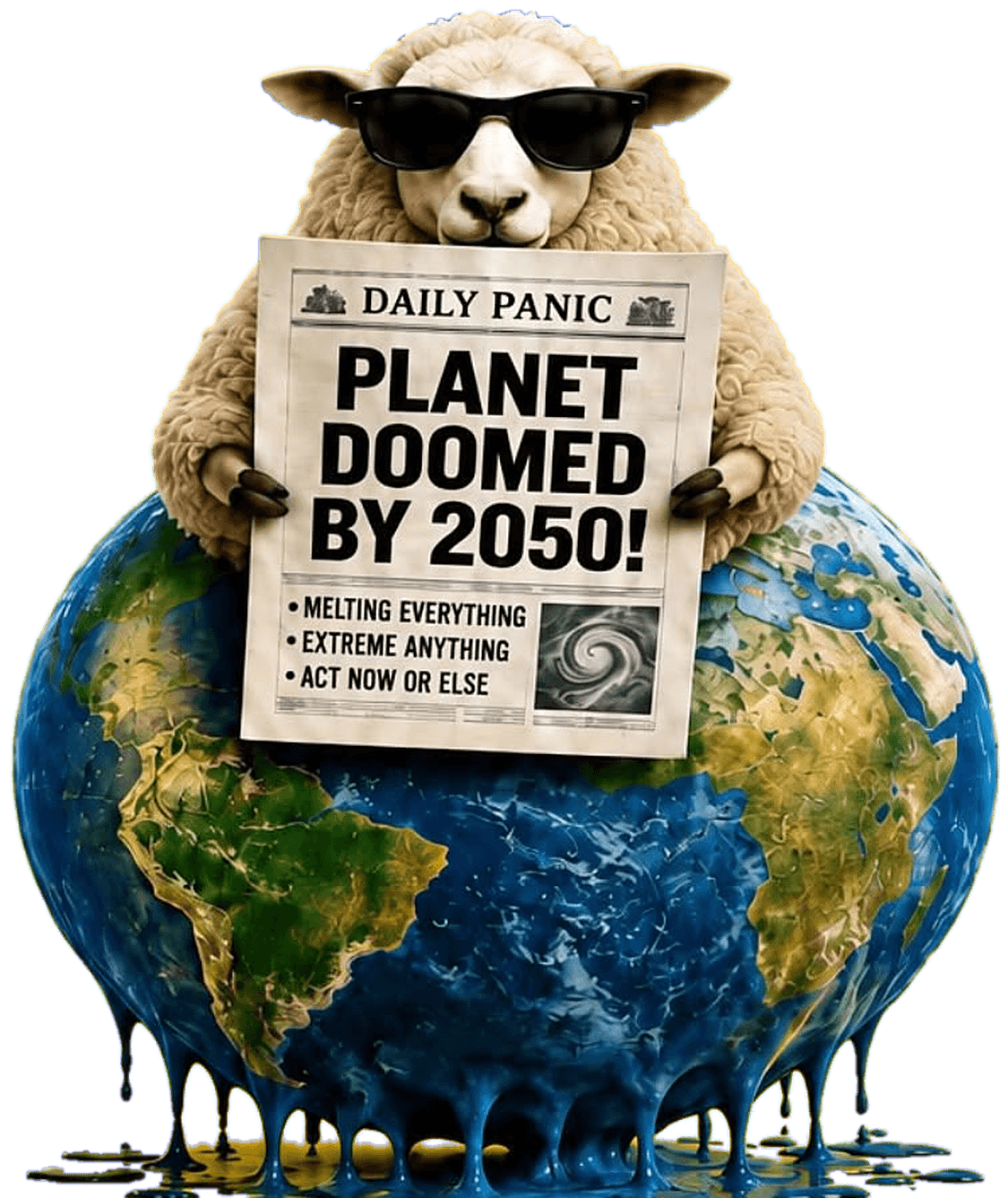 The cover’s sheep in sunglasses, holding the Daily Panic (“Planet doomed by 2050!”) on top of a melting globe